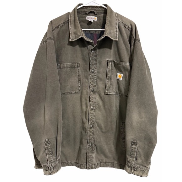 Carhartt Vintage Y2K Peat Gray Canvas Snap Front Fleece-Lined Shirt Jacket 2XL